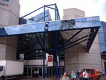 The east entrance to the ICC, on Centenary Square, with the neon sculpture above. International Convention Centre -Birmingham -UK.JPG