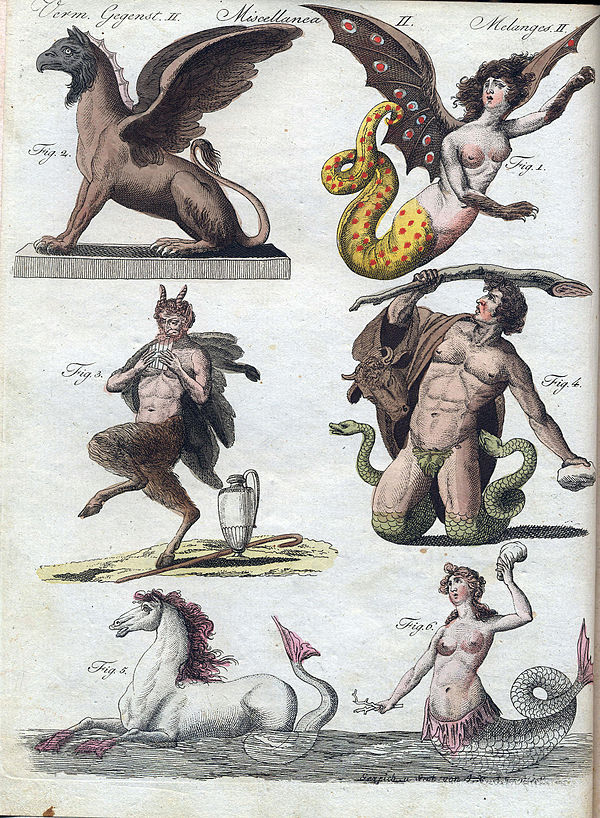 Several mythical creatures from Bilderbuch für Kinder (lit. 'picture book for children') between 1790 and 1822, by Friedrich Justin Bertuch