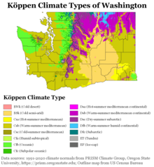 Koppen climate types of Washington, using 1991-2020 climate normals. Koppen Climate Types Washington.png