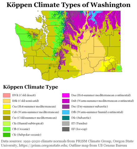 Köppen climate types of Washington, using 1991–2020 climate normals.