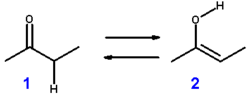 Keto-enolna tavtomerija: 1 je keto oblika, 2 pa enolna oblika ketona.
