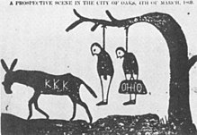 A cartoon threatening that the KKK will lynch scalawags (left) and carpetbaggers (right) on March 4, 1869, the day President Grant takes office. Tuscaloosa, Alabama, Independent Monitor, September 1, 1868. A full-scale scholarly history analyzes the cartoon: Guy W. Hubbs, Searching for Freedom after the Civil War: Klansman, Carpetbagger, Scalawag, and Freedman (2015). Kkk-carpetbagger-cartoon.jpg