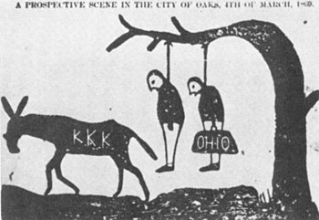 A Sept. 1868 cartoon in Alabama's Independent Monitor, threatening that the Ku Klux Klan (represented by a Democratic donkey, reflecting the status of the Klan at the time as a functional auxiliary of the contemporary Southern Democratic Party) would lynch scalawags (left) and carpetbaggers (right) on March 4, 1869, predicted as the first day of Democrat Horatio Seymour's presidency (the election winner was actually Ulysses S. Grant). Kkk-carpetbagger-cartoon.jpg