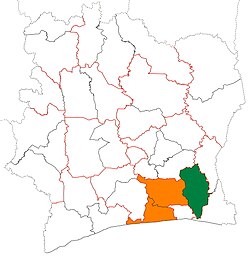 Mahali pa Mkoa wa La Mé (kijani) katika Cote d'Ivoire za Jimbo la Lagunes