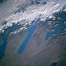 Argentinian proglacial lakes: Lago Viedma (middle), Lago Argentino (left) and Lago San Martin (right). Retreating glaciers are visible at the top. Lago Viedma 1997.JPG