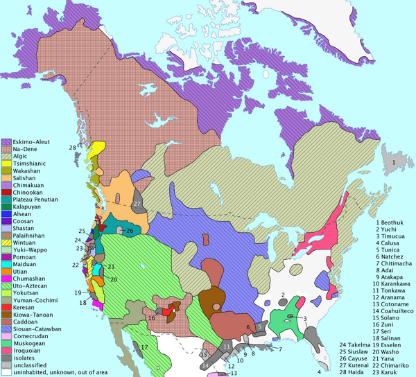Pre-contact distribution of North American language families north of Mexico
