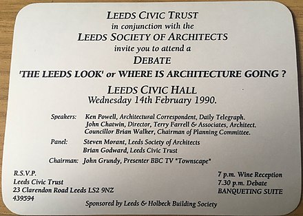 An invitation from The Leeds Civic Trust to a February 1990 event on "The Leeds Look". LeedsCivicTrustLeedsLooksPhoto.jpg