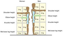 Pictogram of generally acceptable loads in different locations during manual handling when standing Lifting and lowering risk filter.png