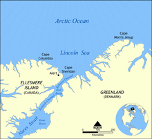 Robeson Channel, Hall Basin, Kennedy Channel, Kane Basin, and Nares Strait are all south of the northern limit of Baffin Bay between Cape Sheridan and Cape Bryant (unmarked).