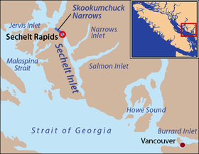 Sechelt Inlet, with Skookumchuck Narrows highlighted and Sechelt Rapids circled. Locmap-Sechelt2.png