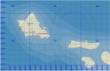 Figure 2. The MGRS grid around Hawaii. Honolulu is in the 10 km square that is called 4QFJ15. MGRSgridHawaiiSchemeAARealigned.png