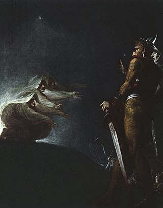 Dark painting showing two figures encountering witch-like creatures.