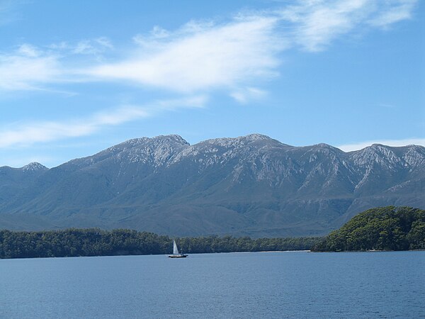 A view across Macquarie Harbour (Mount Sorell at rear).