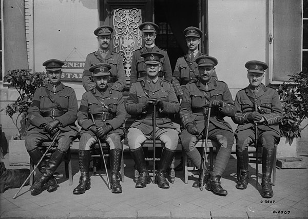 Major-General A. C. MacDonell and staff officers, 1st Canadian Division, sometime in 1918. (Front row, from left to right): Lieutenant-Colonel J. L. R