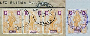 Examples of the 1d orange and purple postally used (strip of three with Sliema postmarks) and fiscally used (single with an Anglo-Egyptian Bank cancellation) Malta 1922 Melita 1d orange & purple postally and fiscally used.jpg