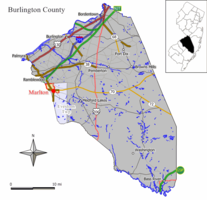 Mapa de Marlton CDP no Condado de Burlington.  Detalhe: localização do Condado de Burlington, no estado de Nova Jersey.