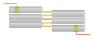 Una cadena de seis resonadores cilíndricos con transductores piezoeléctricos en ambos extremos. Los resonadores se encuentran acomodados en un patrón de zigzag compacto. Dos alambres de acoplamiento se encuentran unidos a uno de los extremos de cada resonador, excepto por el primero y el último, los cuales tienen solo uno. El otro extremo de estas dos barras está unido al resonador por ambos lados. Los transductores del primer y último resonador son del tipo mostrado en la figura 4b