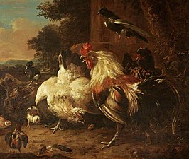 A Cock and Two Hens, with Chicks, in a Landscape Setting (1656–95), oil on canvas, 76.8 x cm., National Trust