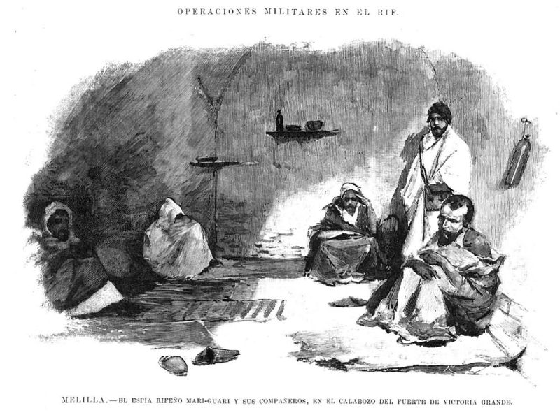 File:Melilla - El espía rifeño Mari-Guari y sus compañeros, en el calabozo del fuerte de Victoria Grande, de Simonet.jpg