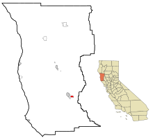 Mendocino County Kalifornia Sisällytetyt ja rekisteröimättömät alueet Talmage Highlighted.svg