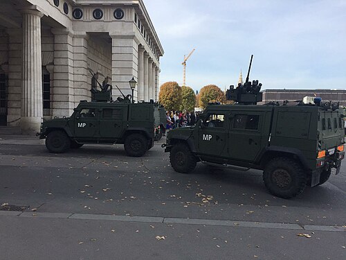 Armoured vehicle of the military police blocking a road in Vienna