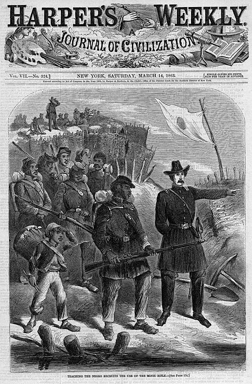 Training with the Minié rifle during the American Civil War, 1863. The caption reads: "Teaching the negro recruits the use of the Minié rifle"