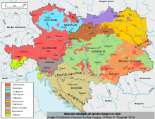 Kaart van Oostenrijk-Hongarije met een veelheid aan kleuren, dus van geneste etnische minderheden.