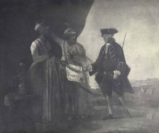 Jafar and his son Miran delivering the Treaty of 1757 to William Watts