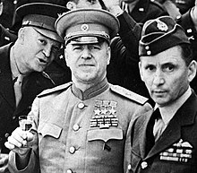 June 5 - Dwight Eisenhower, Georgy Zhukov and Arthur Tedder. Montgomery receives Order of Victory HD-SN-99-02756 cropped.JPG