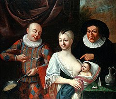 Moeder en kind met Harlekijn van onbekende Vlaamse schilder (18e eeuw)
