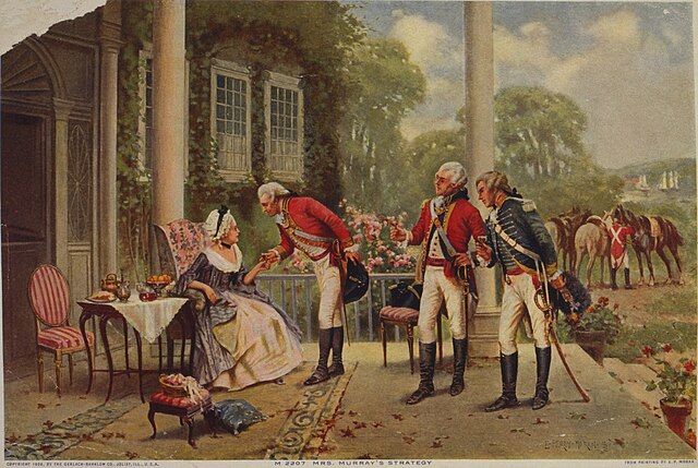 From a painting by E. Percy Moran, Mrs. Murray's strategy, Murray entertaining British soldiers, on porch, during the American Revolution.