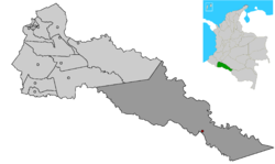 Location of the municipality and town of Puerto Leguízamo in the Putumayo Department of Colombia.