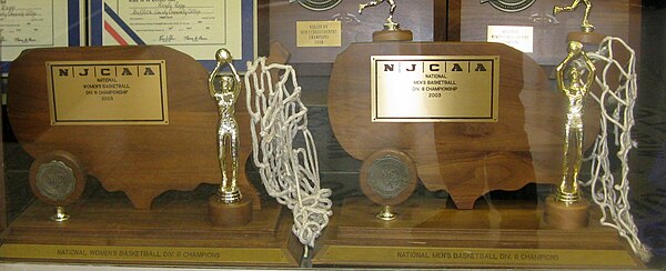 Men's and women's Division III basketball championship trophies from 2003 at Suffolk County Community College