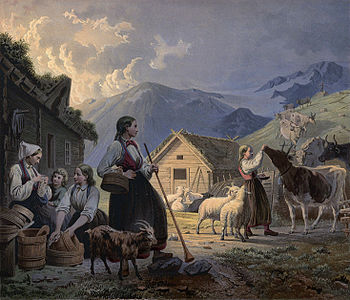 An evening at the hut of the cow-herdesses, Knud Bergslien, before 1858