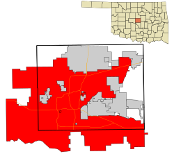 Location within Oklahoma County, Canadian County, Cleveland County and Pottawatomie County in Oklahoma
