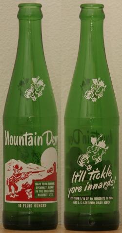 Two sides of an early Mountain Dew bottle using the "Hillbilly" design. These returnable bottles could be found in stores and vending machines until t