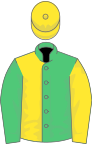 Emerald green and yellow (halved), reversed sleeves, yellow cap