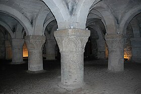St George's crypt chapel, rebuilt in 1794 re-using its late 11th-century Norman columns and capitals OxfordCastle StGeorgesCrypt.jpg