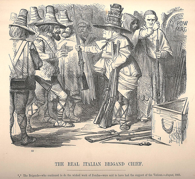 1861: 24 August cover shows Pope Pius IX delivering weapons to the Southern Italian brigands.