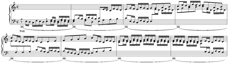 Opening bars of Toccata in C major. Two-voice motivic interplay, based on the melody introduced in the first bar, is reduced to consecutive thirds in the last two bars. The piece continues in a similar manner, with basic motivic interaction in two voices and occasional consecutive thirds or sixths. Listen (help·info)