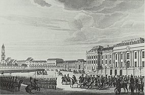 Parade militaire dans le jardin public de Potsdam (vers 1806), gravure, Dresde, Bibliothèque du Land de Saxe.