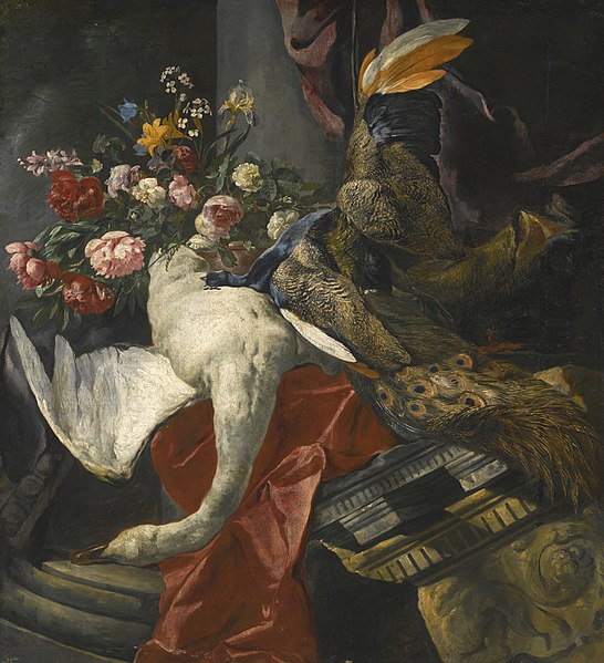 File:Pieter Boel - Still life of peonies, roses and other flowers in a terracotta vase, together with a swan, peacock and boar's head.jpg