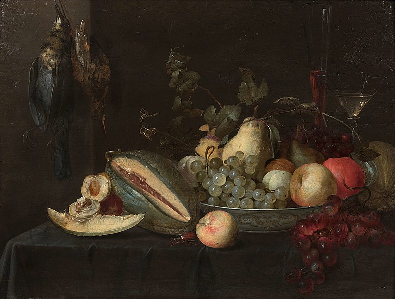 File:Pieter van Overschie - Cup of fruit on an entablature and hanging birds.jpg