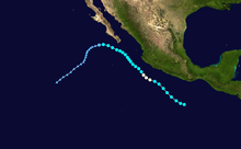 A track map of the path of a hurricane off the Pacific coast of Mexico