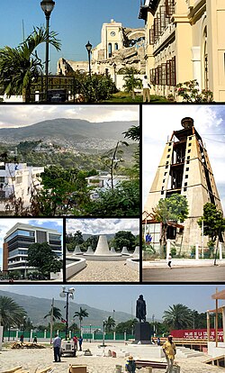 Notre-Dame Cathedral after the earthquake from Borgella street, Bois Patate neighborhood, Bicentennial Monument, MUPANAH, Ministry of the Interior and Community Territories and Panorama from the Field of Mars.