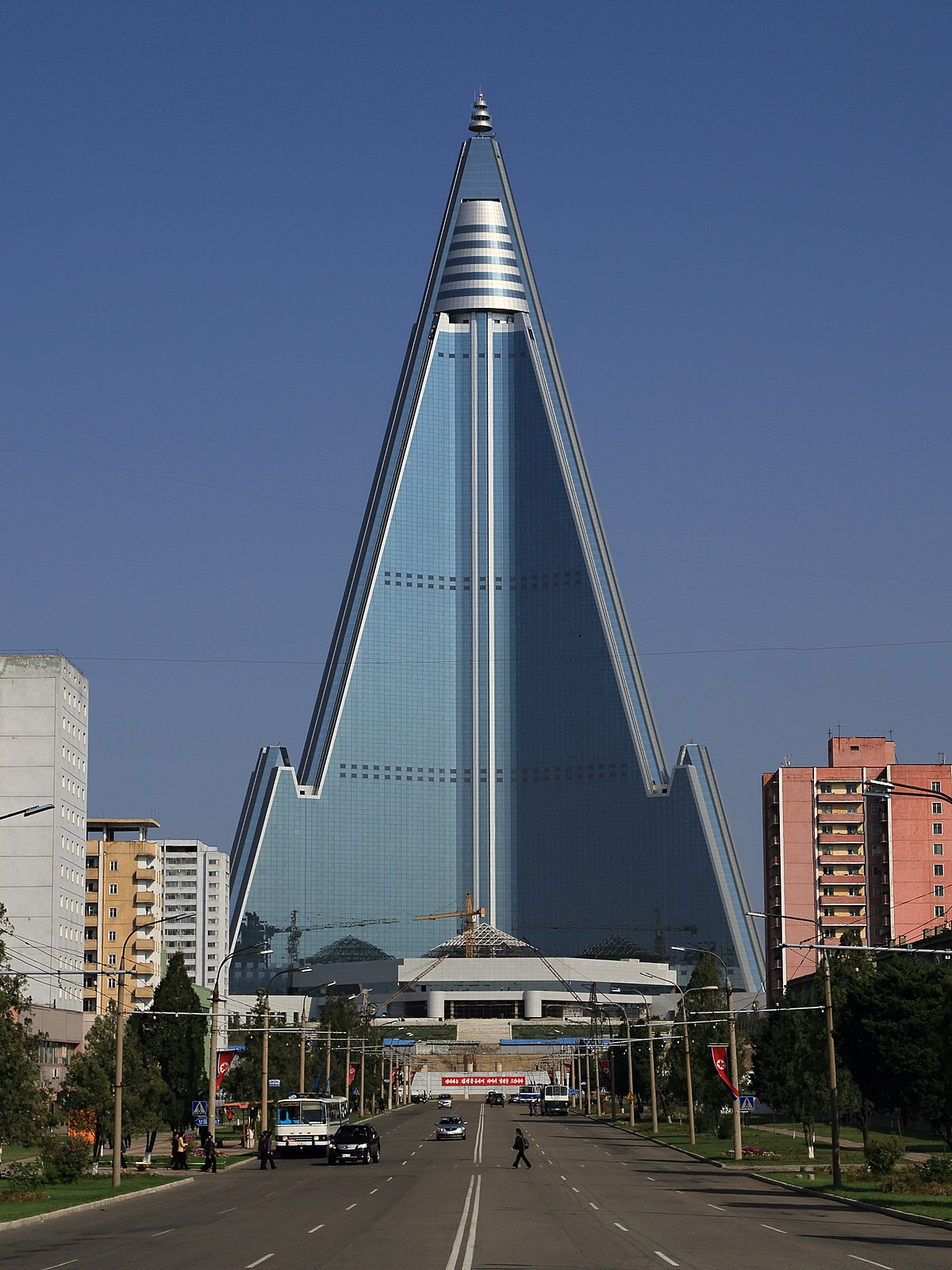 The Ryugyong Hotel (Korean: 류경호텔  ; sometimes spelled as Ryu-Gyong Hotel), or Yu-Kyung Hotel,[4] is an unfinished 105-story, 