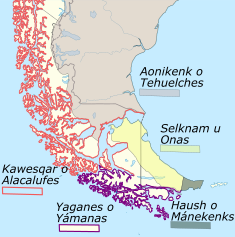 Carte des territoires occupés historiquement par les peuples amérindiens. Notons que les Haushs ou Mánekenks ont aujourd'hui disparu.