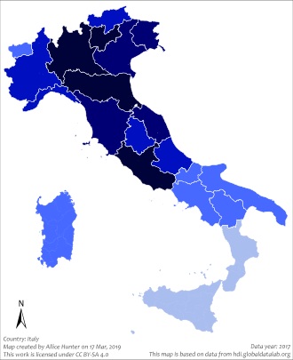 Map of the Italian regions by HDI in 2017.
Legend:
.mw-parser-output .legend{page-break-inside:avoid;break-inside:avoid-column}.mw-parser-output .legend-color{display:inline-block;min-width:1.25em;height:1.25em;line-height:1.25;margin:1px 0;text-align:center;border:1px solid black;background-color:transparent;color:black}.mw-parser-output .legend-text{}
> 0.910
0.900 - 0.910
0.880 - 0.899
0.860 - 0.879
> 0.850 Regions of Italy by HDI (2017).svg
