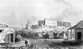 Concepcion in Chile after the earthquake, as drawn by Lieutenant John Clements Wickham of HMS Beagle Remains of the Cathedral of Conception - 1835.png
