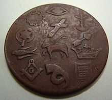 Token from a Canadian lodge of the RBI, with various symbols pertaining to the society Royal Black Preceptory token (reverse) (3861315113).jpg